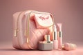 Pink make-up bag with cosmetic products. Illustration AI Generative