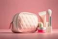 Pink make-up bag with cosmetic products. Illustration AI Generative