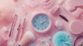 Pink Makeup Cosmetics Flat Lay with Alarm Clock - Beauty Time Concept Royalty Free Stock Photo