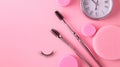 Pink Beauty Flat Lay Makeup Brushes, False Lashes, Sponges Clock Royalty Free Stock Photo