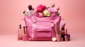 Pink makeup artist bag with cosmetics