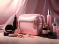 Pink makeup bag with various cosmetics on pink background. Generative AI