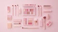 Pink Makeup Products and Brushes Flat Lay Royalty Free Stock Photo