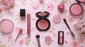 Pink Makeup Flat Lay with Roses Blush, Lipstick, Mascara Eyeshadow Palette Royalty Free Stock Photo