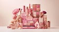 Pink makeup display, beauty products, studio shot Royalty Free Stock Photo