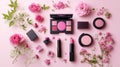 Soft Pink Makeup Flat Lay with Roses and Flowers, Beauty Products and Cosmetics Royalty Free Stock Photo