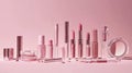 Pink Makeup Cosmetics Collection Lipsticks, Lip Gloss, Face Powder Beauty Products Royalty Free Stock Photo