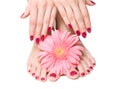 Pink manicure and pedicure with a flower