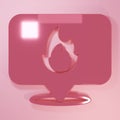 Pink Map pointer with fire flame icon isolated on pink background. Fire nearby. Minimalism concept. 3D render Royalty Free Stock Photo