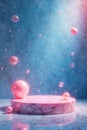 Pink marble pedestal with floating spheres in a dreamlike setting. Generative AI Royalty Free Stock Photo