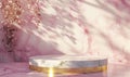 Pink marble podium with shadow of leaves and rose quartz texture background Royalty Free Stock Photo