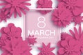Pink 8 March. Happy Women s Day. Paper cut Floral Greeting card. Origami flower. Square outline Frame, space for text Royalty Free Stock Photo
