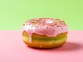 Pink matcha donut with pistachio cream on trendy green pink background. Homemade matcha doughnut covered with shiny pink matcha