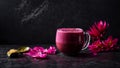 Pink matcha tea a beautiful cup, pitahaya tasty drink beverage sweet superfood composition