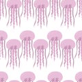 Pink medusa. Seamless pattern. Endless ornament of marine invertebrates with tentacles. Flat style