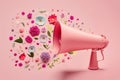 Pink megaphone with colorful flowers on pink background