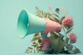 Pink megaphone with flying colorful summer flowers. Generative Ai