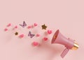 Pink megaphone with hearts, butterflies, stars and copy space above. It's a girl backdrop with empty space for text