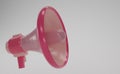 Pink megaphone isolate on white background with copy space for texts. Loudspeaker on white background. 3D render punch magaphone.