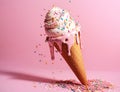 Pink melting ice cream cone with sprinkles Royalty Free Stock Photo