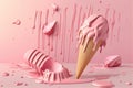 Pink melting ice cream in waffle cone, splashes and drops. Generative AI