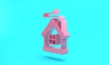 Pink Merry Christmas house icon isolated on turquoise blue background. Home symbol. Minimalism concept. 3D render