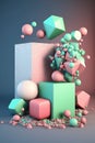 pink meteors and green mist red pebbles and blue cubes background for cosmetic products, mock up pedestal AI generation Royalty Free Stock Photo