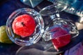 Pink Mexican candied pears in vintage glass dessert dishes