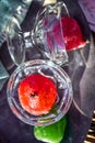 Pink Mexican candied pears in vintage glass dessert dishes