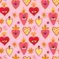 Pink Mexican sacred heart seamless pattern, hand drawn cute hearts, eyes, stars, polka dot ornament