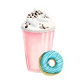 Pink milkshake with whipped cream and round teal blue glazed donut watercolor illustration. Fast food sweet dessert