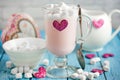 Pink milkshake with white chocolate and marshmallow for Valentines Day Royalty Free Stock Photo