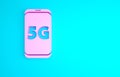 Pink Mobile with 5G new wireless internet wifi icon isolated on blue background. Global network high speed connection