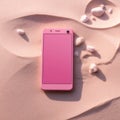 Pink mobile phone on the beach. Top view. Flat lay