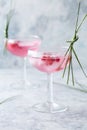 Pink mocktail close up. Beverage with rose and prosecco wine in drinkware. Exotic French Martini cocktail portion with crushed ice Royalty Free Stock Photo