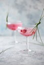 Pink mocktail close up. Beverage with rose and prosecco wine in drinkware. Exotic French Martini cocktail portion with crushed ice Royalty Free Stock Photo