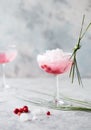 Pink mocktail close up. Beverage with rose and prosecco wine in drinkware. Exotic French Martini cocktail portion with crushed ice Royalty Free Stock Photo