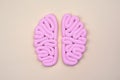 Pink model of human brain from above on bright background flat lay. Intelligence concept. Hemispheres mockup, layout. Royalty Free Stock Photo