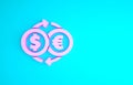 Pink Money exchange icon isolated on blue background. Euro and Dollar cash transfer symbol. Banking currency sign Royalty Free Stock Photo