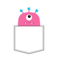 Pink monster silhouette in the pocket looking up. Cute cartoon scary funny baby character. T-shirt design. One eye, fang tooth. Wh