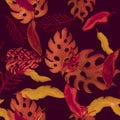 Pink Monstera Illustration. Violet Banana Print. Orange Tropical Palm. Purple Seamless Plant. Autumn Pattern Set. Yellow Watercolo Royalty Free Stock Photo