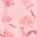Pink Monstera Pattern Wallpaper. Coral Seamless Palm. White Watercolor Design. Tropical Jungle. Floral Background. Summer Leaves. Royalty Free Stock Photo