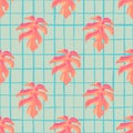 Pink monstera silhouettes seamless pastel pattern. Blue background with check. Creative tropical print