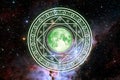 Pink moon in magic six star green energy rotate slow appear galaxy background