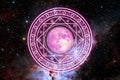 Pink moon in magic six star magenta energy rotate slow appear galaxy background