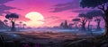 A pink moon rises over a landscape with a purple moon illustration painting