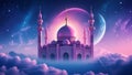 A pink mosque with minarets and domes surrounded by clouds with a moon and a planet in the sky Royalty Free Stock Photo