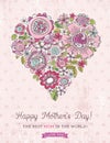 Pink Mother's Day card with big heart of spring flowers, vector