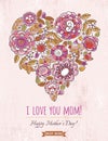 Pink Mothers Day card with big heart of spring flowers, vector Royalty Free Stock Photo