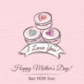 Pink Mothers Day card with macaroni, ribbon and wishes text Royalty Free Stock Photo